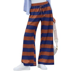 Yousify Womens Striped Wide Leg Flare Pants Casual Drawstring Elastic Waist Loose Yoga Lounge Pant with Pockets (Large, Brown)