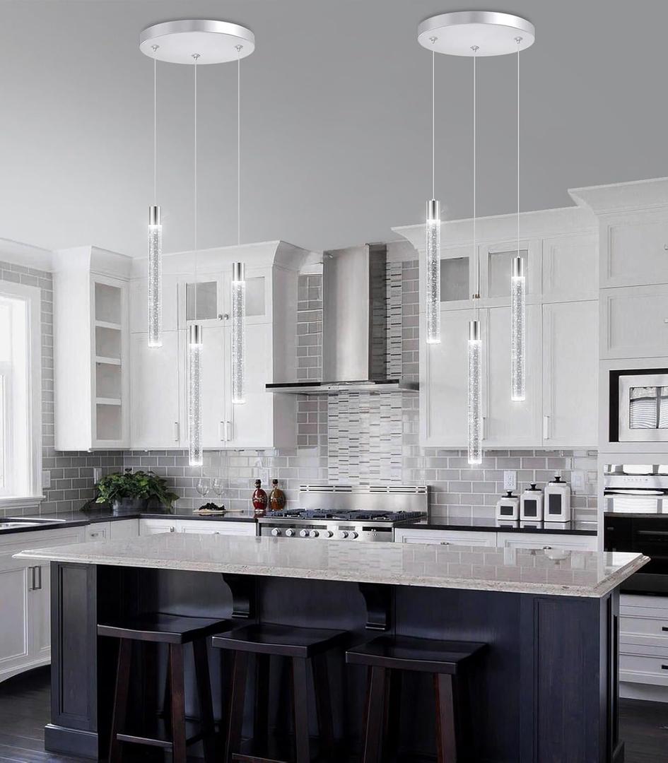 3-Lights Modern Crystal Chandelier Pendant Lights for Kitchen Island LED Dimmable Light fixtures Adjustable Hanging Ceiling for Dining Room Hallway 3000K 6000K (Chrome)