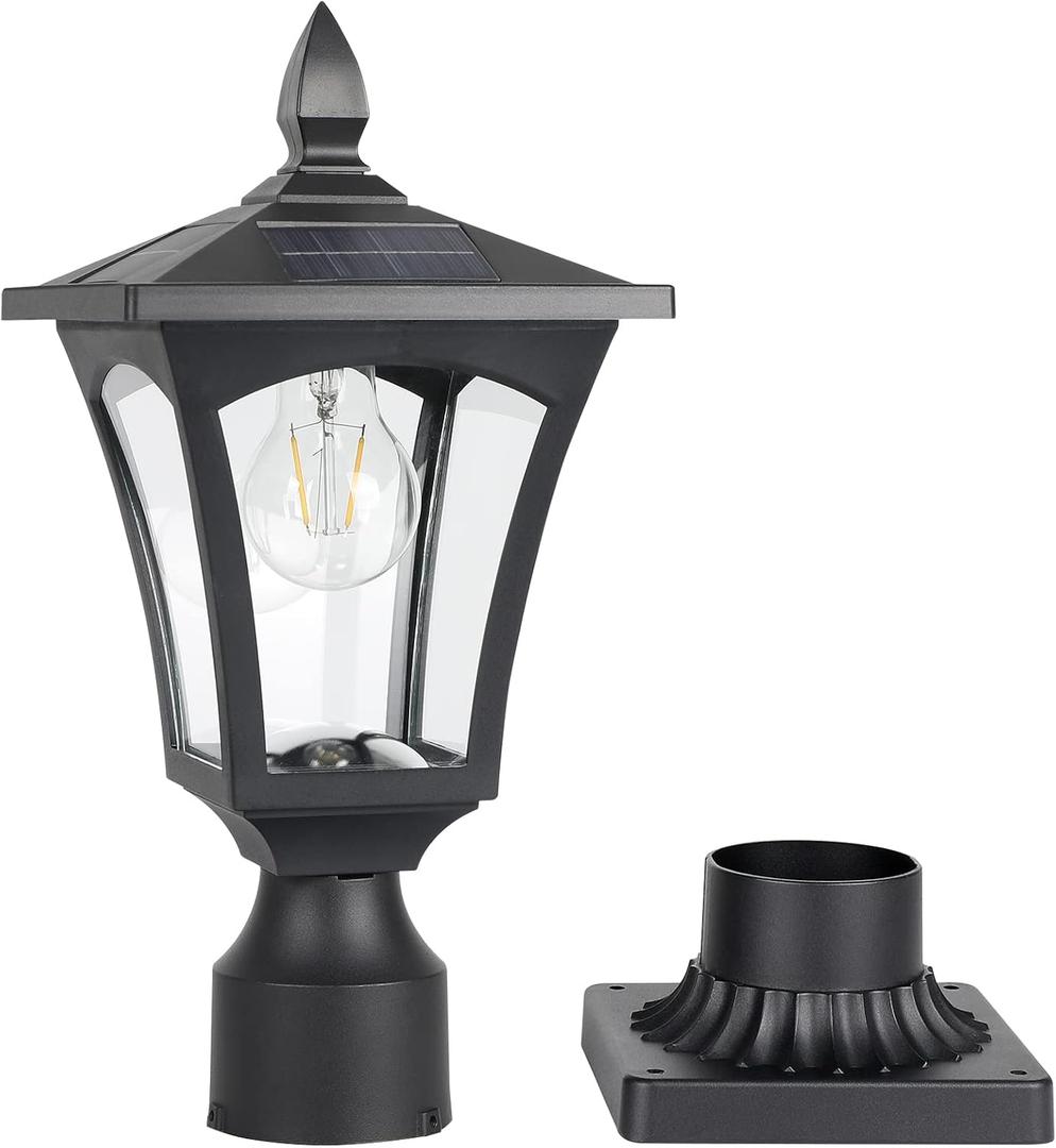 Solar Lamp Post Light, Solar Lights Outdoor Waterproof with Pier Mount Base, Light Post Fixture for Deck Pole Pillar Yard Garden Patio Decor, Cool White