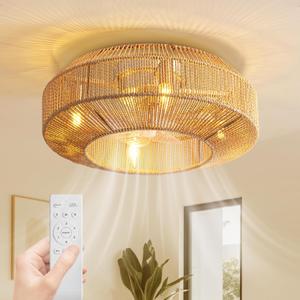 20" Boho Caged Ceiling Fan with Light - Flush Mount, Low Profile, Remote Control, 6 Speeds for Bedroom, Living Room, Kitchen