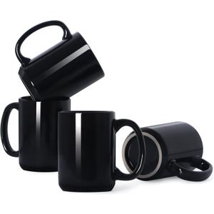 Smilatte 16 OZ Porcelain Coffee Mugs, Classic Blank Ceramic Cup with Large Handle for Tea Latte Cappuccino, Set of 4, Black