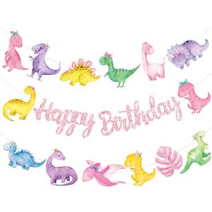 Dinosaur Birthday Party Banners Dinosaur Birthday Party Decorations for Girls 3pcs Pink Glitter Dinosaur Theme Banners Dino Party Supplies Baby Shower Decorations