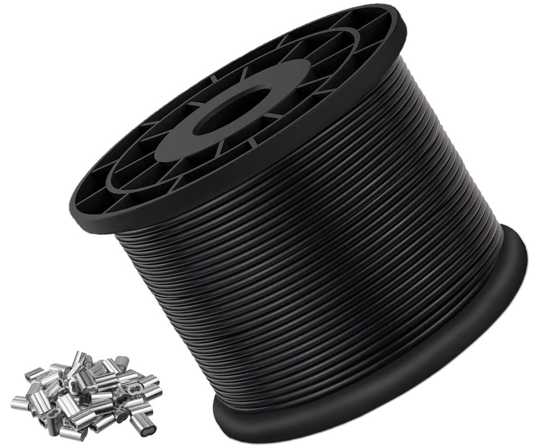 Vinyl Coated Wire Rope 304 Stainless Steel Coated Wire Cable-Black, 1/16" OD to 3/32" x 1000FT, with 300 Pcs Crimping Sleeves-Cable for String Lights, Suitable for Clotheslines