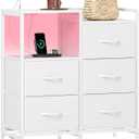 Somdot White Nightstand with Charging Station and LED Light, Wide 5 Drawers Dresser for Bedroom with Fabric Bins and Open Shelf for Bedroom Kids Closet Dorm Guest Room, White Leather