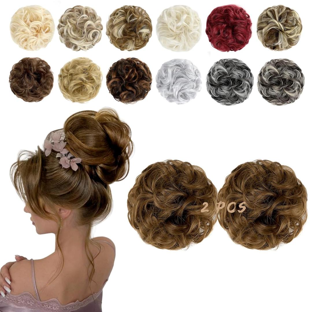 2 PCS Messy Bun Hair Piece Wavy Curly Scrunchies Synthetic Chignon Ponytail Hair Extensions Thick Updo Hairpieces for Women Girls(Ginger Brown)