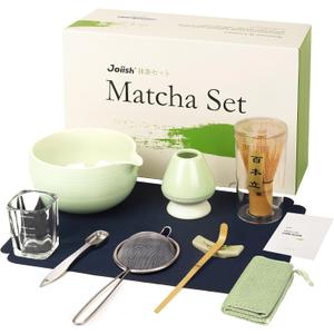 Matcha Whisk Set, Matcha Kit 10-Pcs, Bamboo Whisk and Ceramic Bowl with Spout & Measuring Spoon & Cup, Japanese Ceremony Matcha Tea Making Tools, Light Green