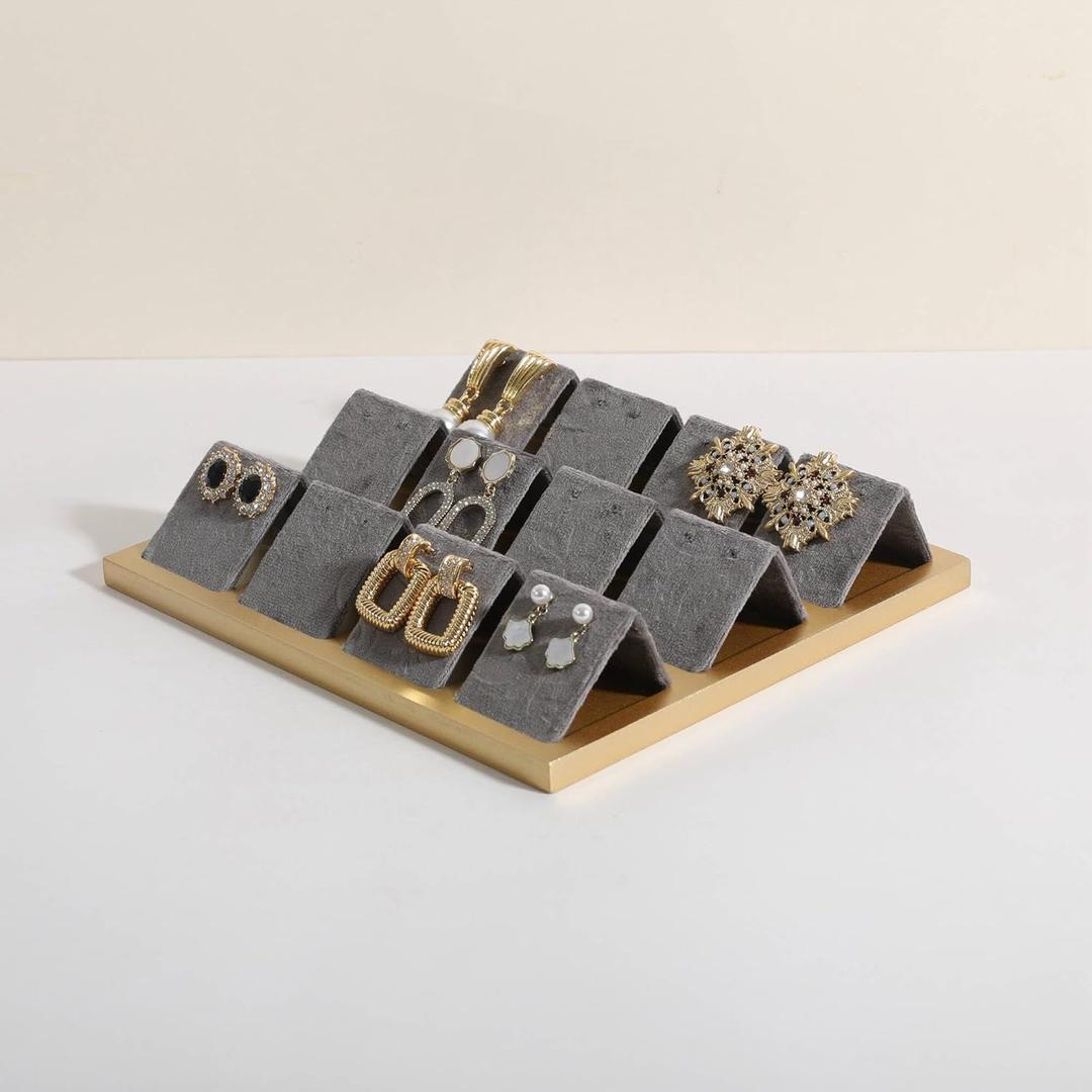 GemeShou Golden coated earring display stand for selling, velvet stud earring holder for jewelry display, Jewlery earring storage organizer tray, studs holder jewelry organizerEarring holder-Grey