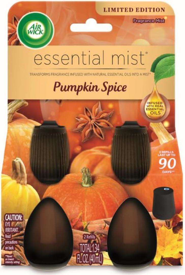 Air Wick Essential Mist Refill, 2ct, Pumpkin Spice, Fall Scent, Essential Oils, Air Freshener (0.67 Fl Oz (Pack of 2))