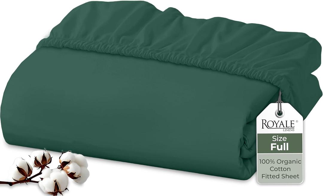 Royale Linens 100% Organic Cotton Fitted Sheet - Percale Weave - Super Soft Deep Pocket Bottom Sheets - Elastic Sheet Full Size - Full Fitted Sheets Only - (54"x75"+15", Hunter Green)
