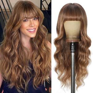 Brown Wigs with Bangs Long curly wavy Wig Brown mixed Honey Blonde Wig for Women Natural Synthetic Wigs for Daily Party Use 26IN(Brown Mixed Honey Blonde) 