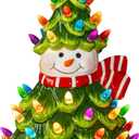 FUNPENY 11" Ceramic Christmas Tree, Pre-lit Battery Operated Vintage Tabletop Snowman Tree Ornaments with 50 Multicolored Lights, Christmas Table Decorations for Xmas Indoor Desk Centerpiece Decor