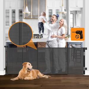 Reinforced No Drilling 100" Wide Retractable Baby Gates Extra Wide Dog Gate with Support Bars Mesh Baby Gate No Drill Retractable Pet Gates for Doorways No Drilling Retractable Dog Gates for The House (Black)