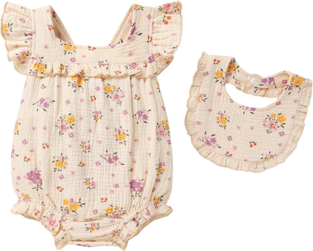 YOUNGER TREE Baby Girl Romper 100% Cotton Ruffle Sleeveless Summer Outfit with Accessory Soft Infant Clothes for Daily Wear (18-24 Months, Blue and Yellow Flowers)