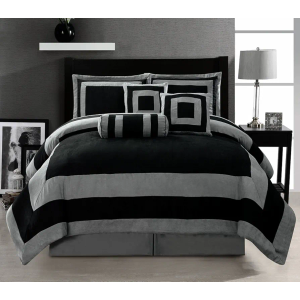 Oversize Black/Grey Comforter Micro Suede Patchwork Bed in A Bag King Size Bedding