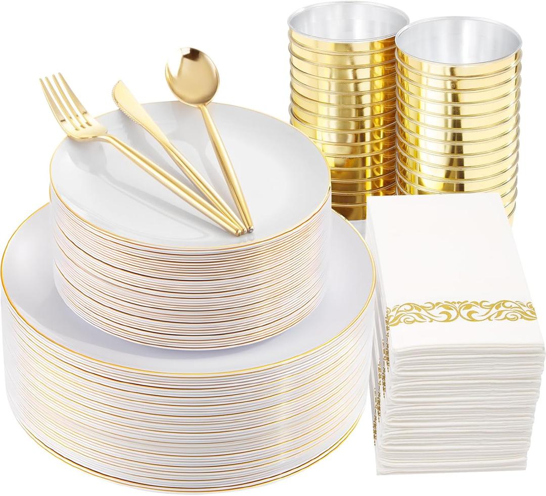 MirthMood 210Pcs Disposable Plastic Plates Set, Gold and White Plastic Party Plates, Includes:30 Dinner Plates, 30 Dessert Dinnerware, 30 Cups, 30 Napkin Cutlery for Spring Wedding,Birthday Party