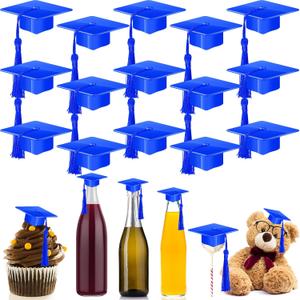 Qunclay 30 Pieces Mini Graduation Cap Blue Hats with Blue Tassels Plastic Grad Cake Pops Cover Toppers for Graduation Party Decorations