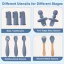 LITTLE RAWR Silicone Baby Feeding Set 14 Pcs,Baby Led Weaning Supplies, Baby Spoons Suction Bowl Divided Plate Bib Cup Finger Brush,First Stage Solid Food Eating Utensils - 6+ Months(Blue Gray)