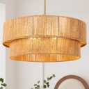 23.6'' Boho Rattan Chandelier Hand Woven Chandelier Light Fixture 3-Light Farmhouse Drum Pendant Light for Dining Room Bedroom Kitchen Hallway Foyer