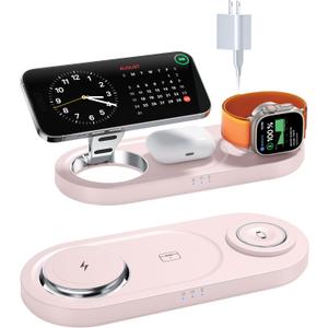 Upgraded 3-in-1 Wireless Charging Station for Apple Devices, Faster Mag-Safe Charger Stand, Magnetic Charger Station for iPhone 17/16/15/14/13/12 Series & AirPods Pro & Apple Watch Series Pink