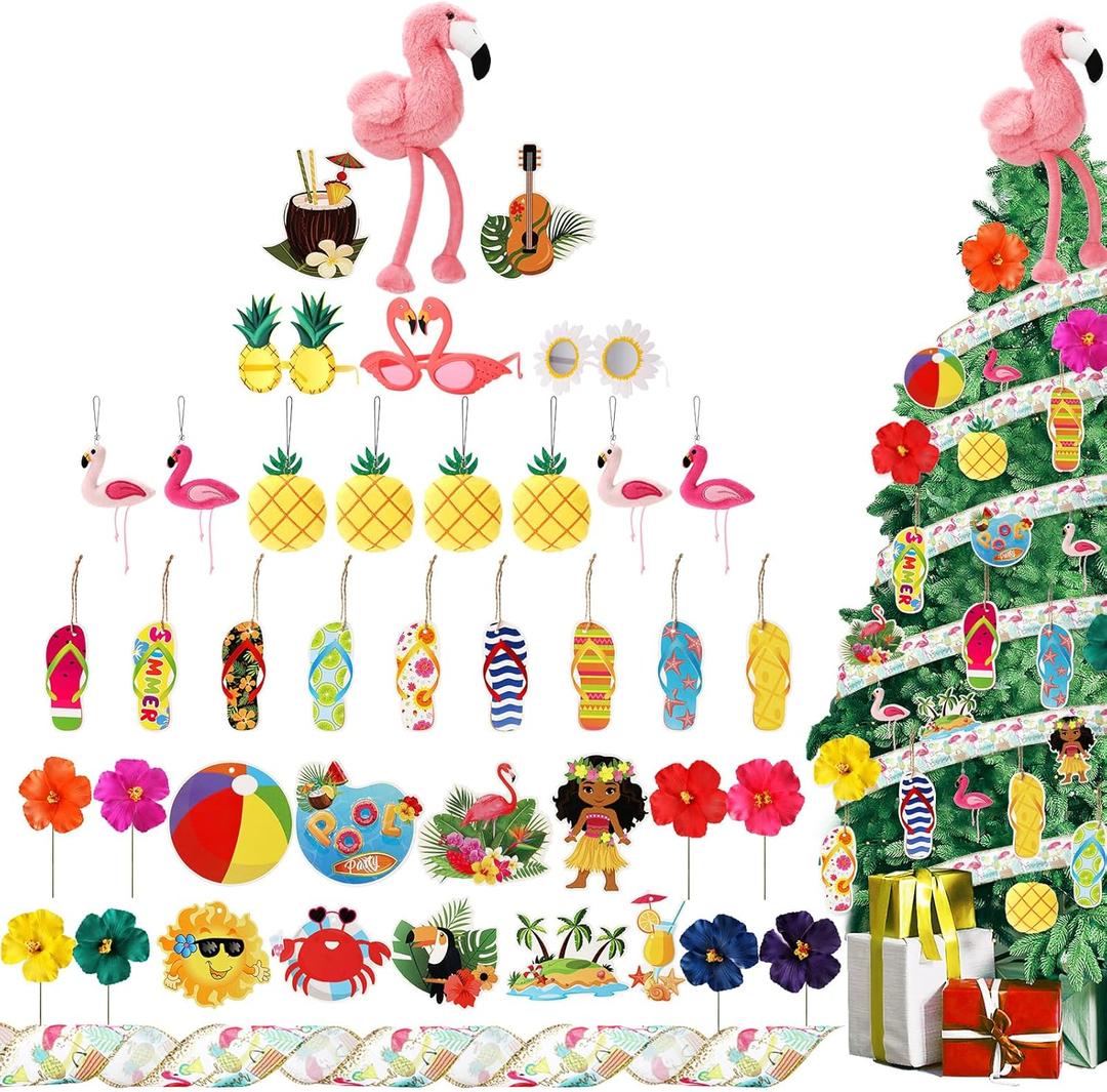 43 Pcs Christmas in July Tree Ornaments Tropical Hawaiian Christmas Decorations Flamingo Tree Topper Flip Flop Sunglasses Pineapple Ribbon Faux Flowers for Luau Party Hawaiian