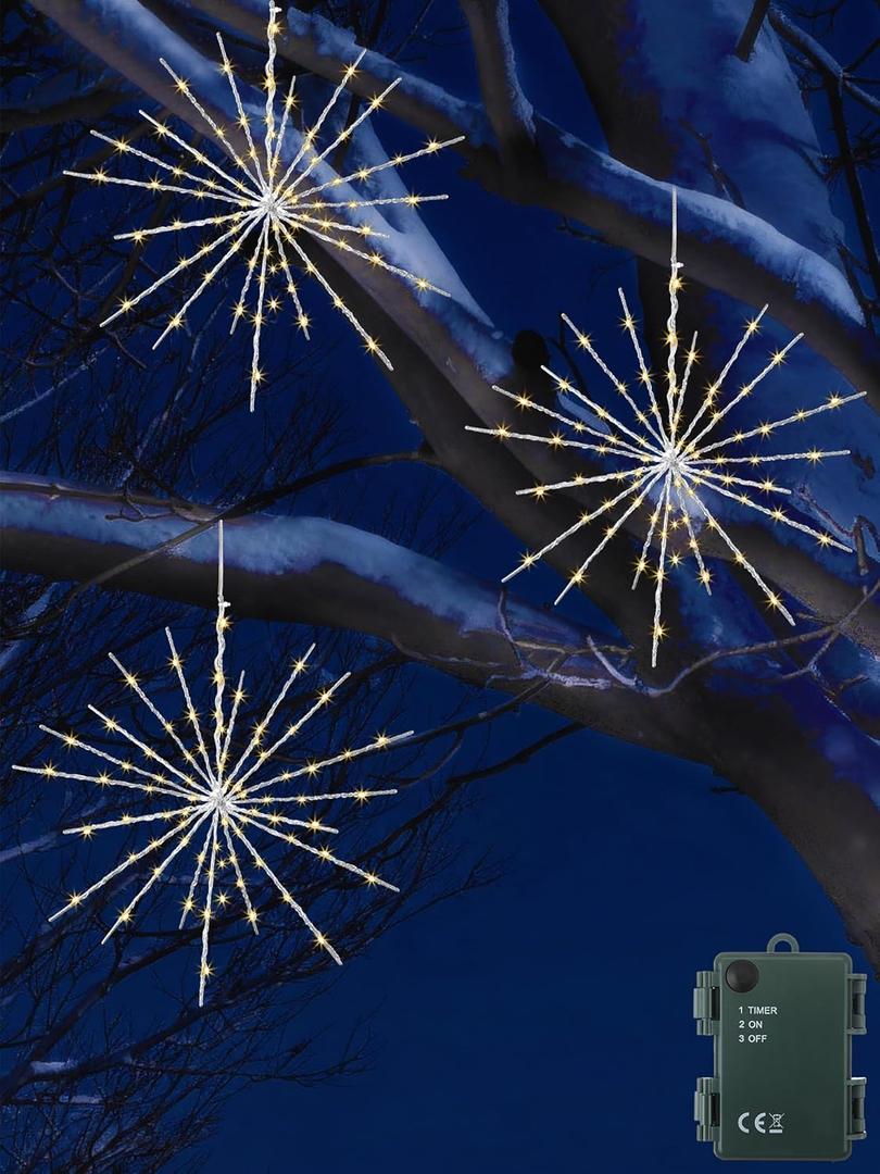 Enhon Silver Glitter Hanging Starburst Lights, 15.8 Twinkling Starburst Lights with Hanging Loop, 240 Warm White LED Bulbs, Winter/Christmas Decoration for Indoor/Outdoor Use (3 Pack)