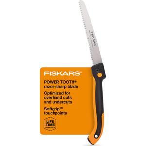 Fiskars Hand Saw, Folding Saw with Dual Position Locking Saw Blade for Overhand Cuts and Under Cuts and Power Tooth Blade with Triple Ground Teeth, Soft Grip 10-Inch Pruning Saw