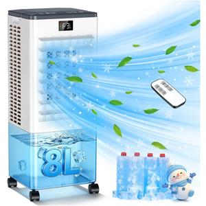 Portable Air Conditioners,3-in-1 Evaporative Air Cooler,4 Modes 3 Speeds Blow Cold Air, 120Oscillation, LED Display, 12H Timer, Windowless Portable AC w/ 8L Tank & Remote for Home Bedroom Office
