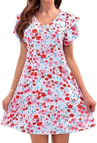 Summer Dresses for Women 2025 Beach Casual Sundress Floral V Neck A-line Dress Short Ruffle Sleeve Boho Dresses with Pockets Size S