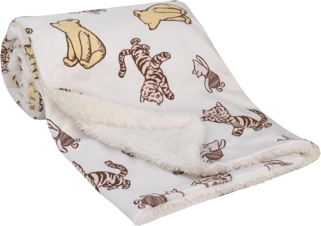 Disney Classic Pooh Hunny Fun with Piglet and Tigger White and Taupe Super Soft Baby Blanket
