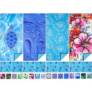TwoYek 4 Pack Microfiber Thin Beach Towel Lightweight 71x32 Oversized Extra Large Sand Free Towels Quick Dry for Travel Pool Yoga Gym Sports Beach Accessories Vacation Essential Gift (4 Pcs Multiful Comb)