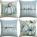 2 x Artscope Fall Decorative Throw Pillow Covers 18x18 Inch Set of 4, Hello Pumpkin Give Thanks Buffalo Plaid Outdoor Farmhouse Pillow Cases for Home Sofa Couch-Light Blue