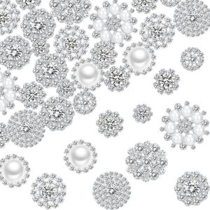 50 Pcs Faux Pearl Buttons Rhinestones Embellishments Retro Flatback Vintage Buttons with Faux Pearls Crystal Flower for DIY Crafts Jewelry Wedding Party Home Decor(Silver)