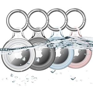 4 Pack Airtag Holder IPX8 Waterproof for Apple Air Tags with Keychain, Hard PC Cover [Anti-Scratch] for Air-Tag Item Finder GPS Tracker Case Key Chain, Clear/Black/Blue/Red