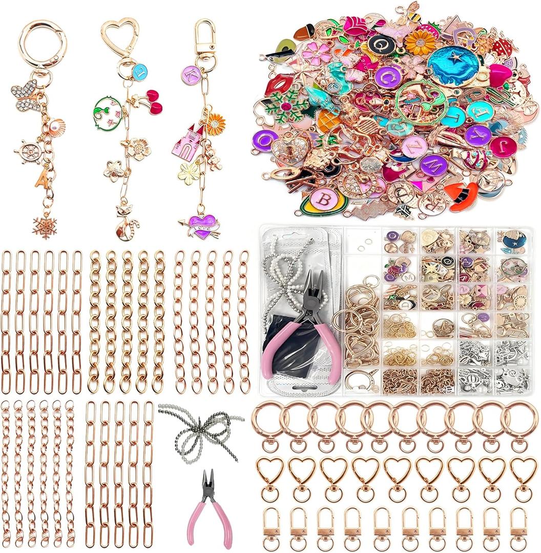 Thmxit 537PCS Charms Lip Gloss Keychain Making Kit, Bag Charm Kit Including 198 Charms, 24 Keychain Clips, 25 Extender Chains, Jewelry Plier Jewelry Making Kit for DIY Keychains Making Supplies