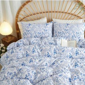 Sedefen Floral Duvet Cover Queen Size Blue White Romantic Floral Bedding Set 3Pcs Spring Cottagecore Garden Botanical Reversible Coquette Comforter Cover with Zipper Closure and 2 Pillowcases