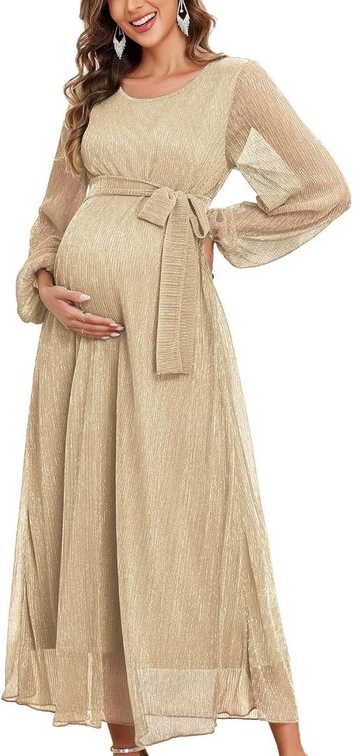 2025 Maternity Sparkly Mesh Maxi Flowy Dress with Belt Long Sleeves Pregnant Long Dress Baby Shower Photoshoot Formal (Small, Gold)