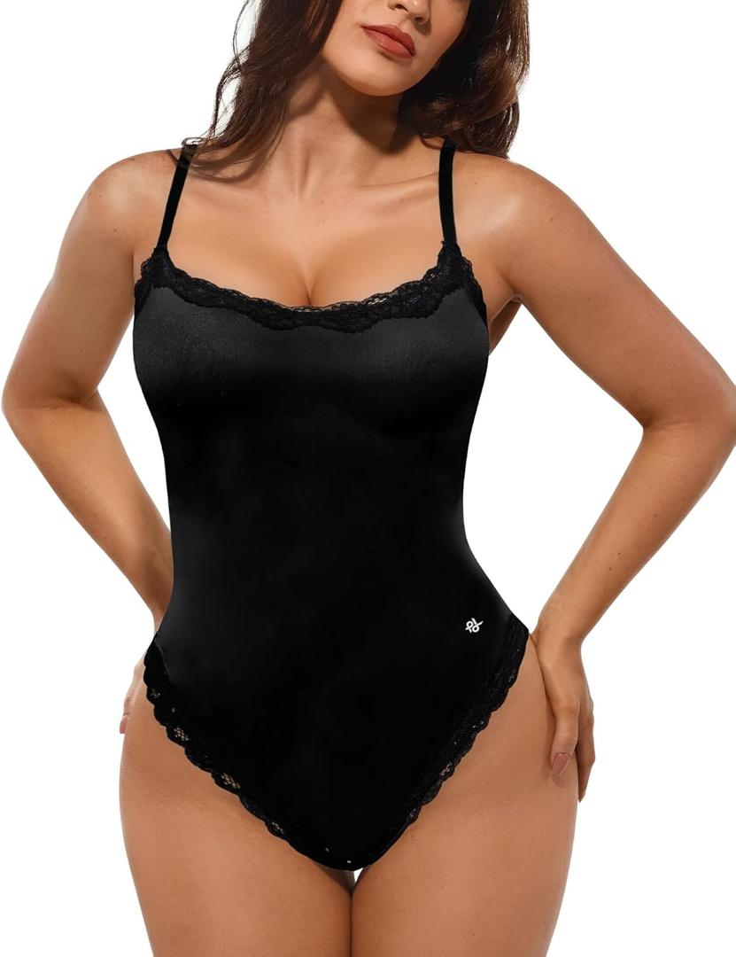 Popilush Lace Body Suits Women - Square Neck Sleeveless Thong Bodysuit Tummy Conotrol Double Lined Camisole Tank Tops (Large, Black)