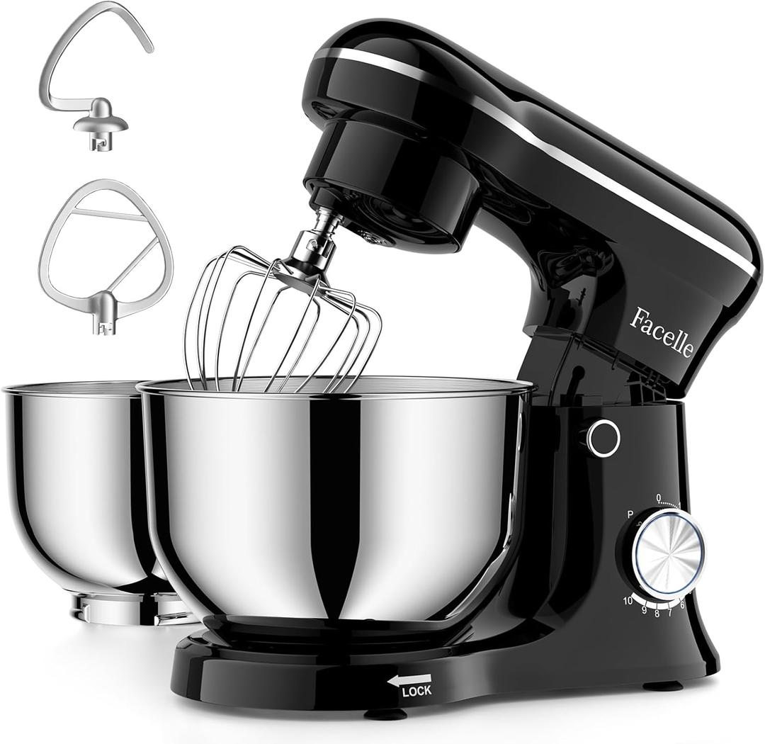Facelle Tilt-Head Stand Mixer, 5QT+6QT Stainless Steel Two Bowls, 10 Speeds Kitchen Electric Food Mixer with Egg Whisk, Dough Hook, Beater, Dishwasher-Safe Attachment, Ideal Gift for Mom (Black)