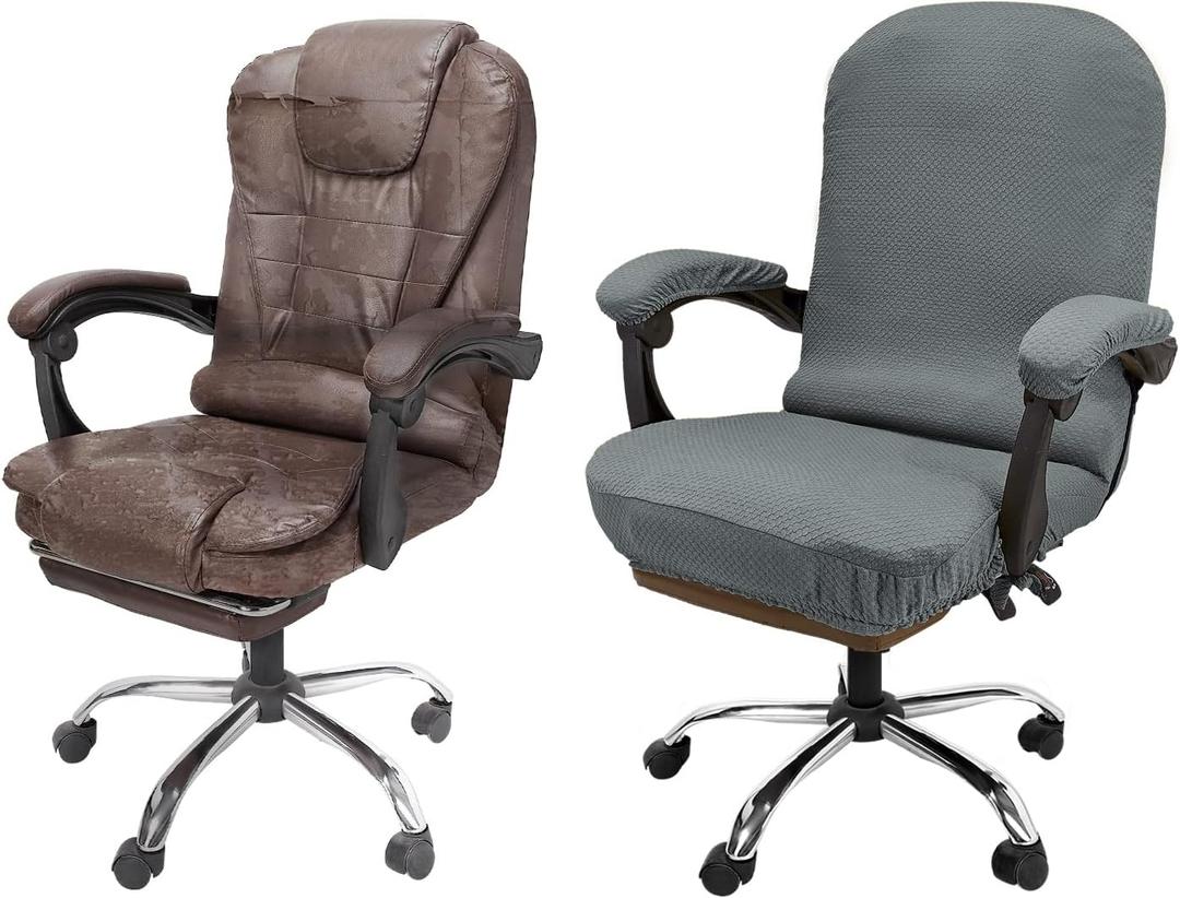 NeColorLife Office Chair Cover,Computer Seat Cover with Armrest Covers, Stretchable Jacquard Desk Chair Slipcover for High-Back Rotating(Large Size,Grey)