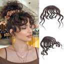 VAVANGA Curly Bangs Human Hair, Air Bangs Clip on Human Hair Clip Ins Long French Bangs Extension, Dark Brown Natural Wavy Fake Fringe Wispy Bang with Temples Hairpiece for Women