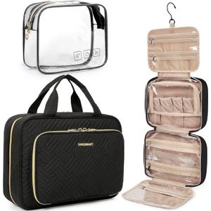 BAGSMART Toiletry Bag Hanging Travel Makeup Organizer with TSA Approved Transparent Cosmetic Bag Makeup Bag for Full Sized Toiletries, Large-Blck (Black)