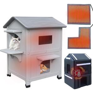 Heated Cat House for Outside in Winter with Escape Door Insulated Cat House, 2 Story Waterproof Cat House for Outdoor Cats, 100% Insulated Outdoor Cat House with Insulated Liner & Heating Pad, 21.5"D x 21"W x 34"H