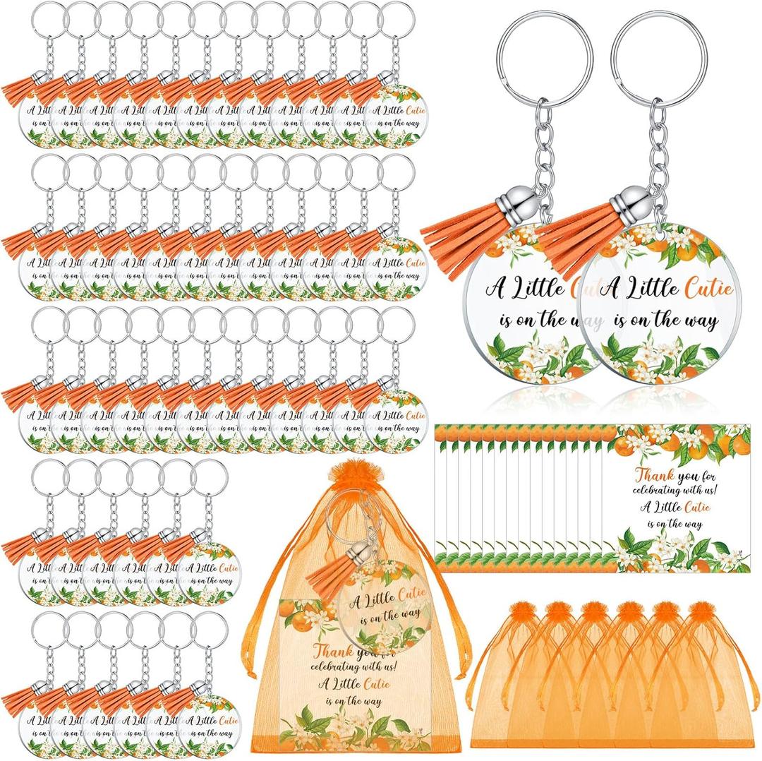 Quelay 48 Sets Little Cutie Baby Shower Party Favors with Orange Keychains Thank You Kraft Tags Orange Organza Bags for Gender Reveal Decorations Fruit Theme Birthday Party Supplies Gift for Guest