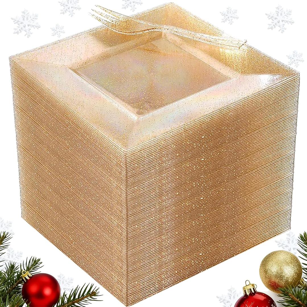 DaYammi 200Pcs Gold Dessert Plates Including 100Pcs Appetizer Plates 6",100Pcs Plastic Forks 5.7",Gold Glitter Plastic Square Plate for Party,Gold Salad Plate and Cake Forks for Christmas Wedding