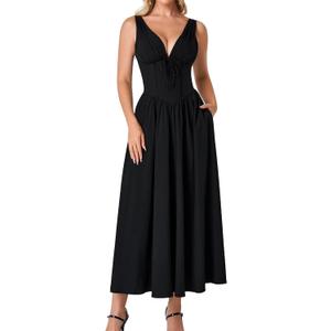 GLNEGE Womens Corset Wedding Guest Midi Dress Summer Floral Tea Party Flowy Dress V Neck Milkmaid Sundress with Pockets 2026 (Black, S)