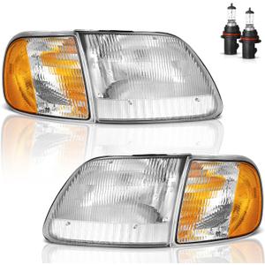 Headlights Assembly for 1997-2003 F150 / 1997-2002 Ford Expedition / 1998-1999 F250, Headlamp+Corner Parking Turn Signal Marker Light Does NOT fit models produced before July 1996 (Chrome Housing I Amber Reflector I W/ Bulbs)