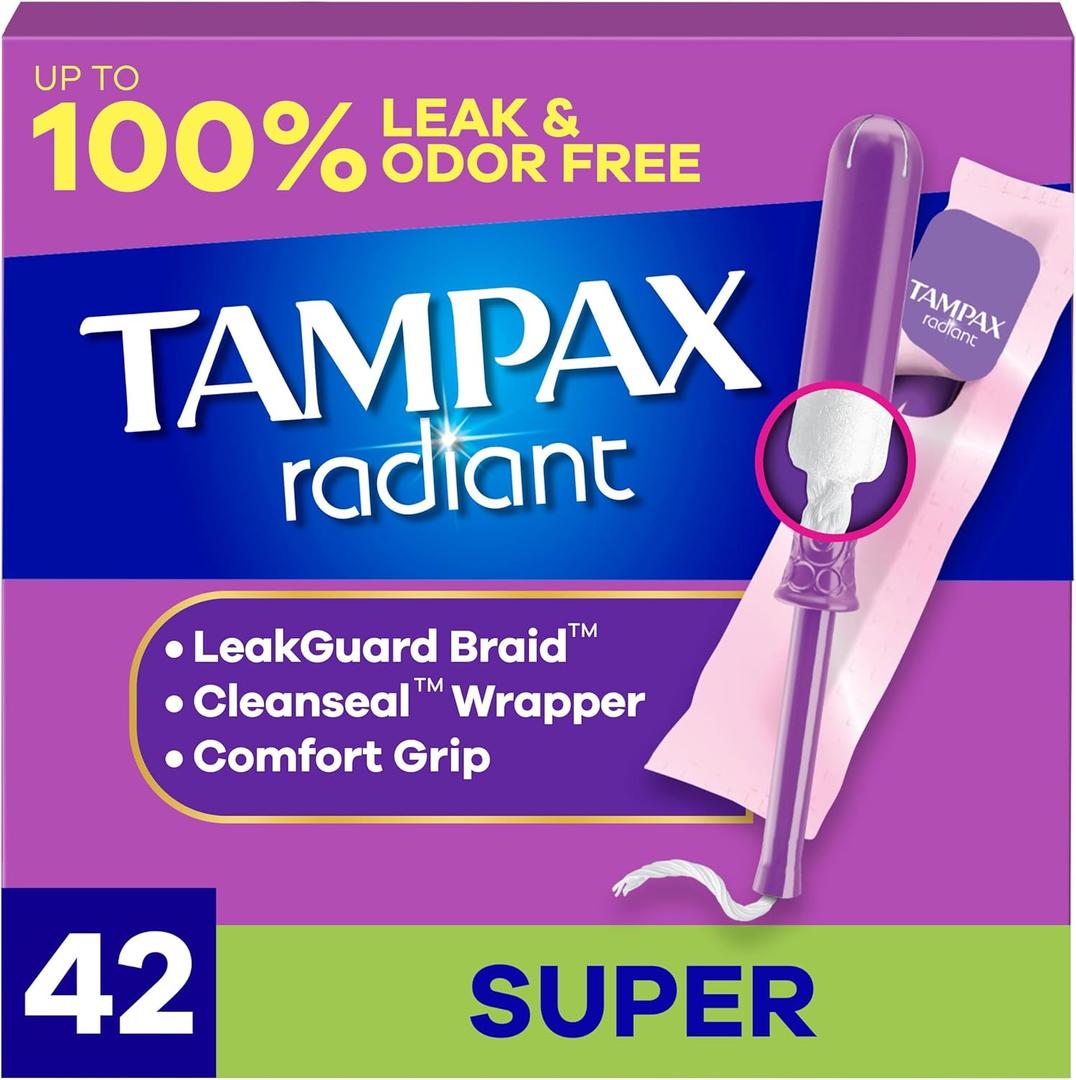 Tampax Radiant Tampons for Women, with LeakGuard Braid, Super Absorbency, Unscented, 42 Count
