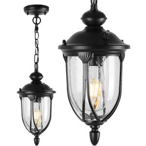JYZ Vintage Dusk to Dawn Outdoor Hanging Lantern, 15 Inch Rustic Exterior Pendant Light Fixture with Seeded Glass, Antique Black Ceiling Mount Chandelier for Porch, Patio, Gazebo, Entryway JYOPL04