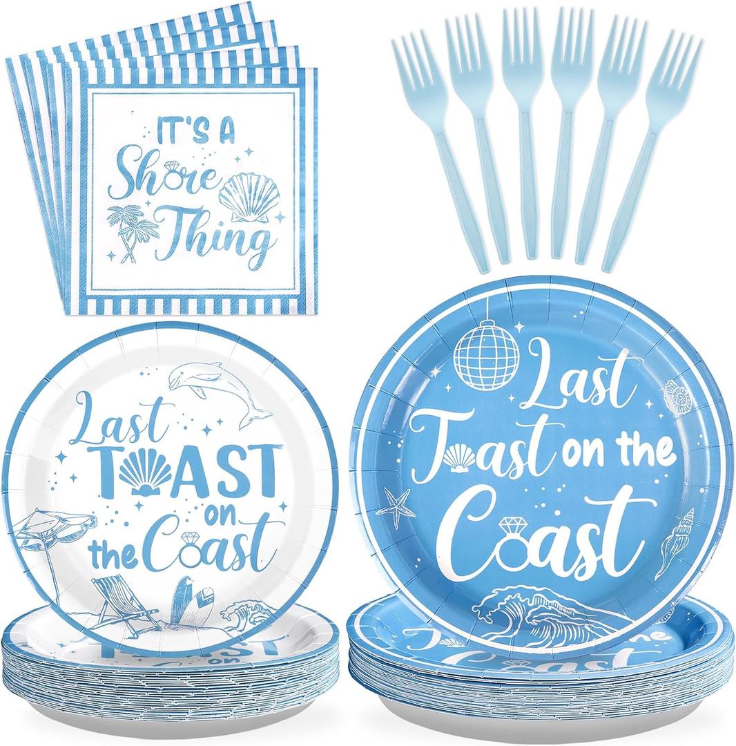 96Pcs Last Toast on The Coast Bachelorette Decorations Blue Beach Bachelorette Plates and Napkins Set Summer Coastal Seashells Party Decoration for Bridal Wedding Girl Birthday Party Supplies Serve 24