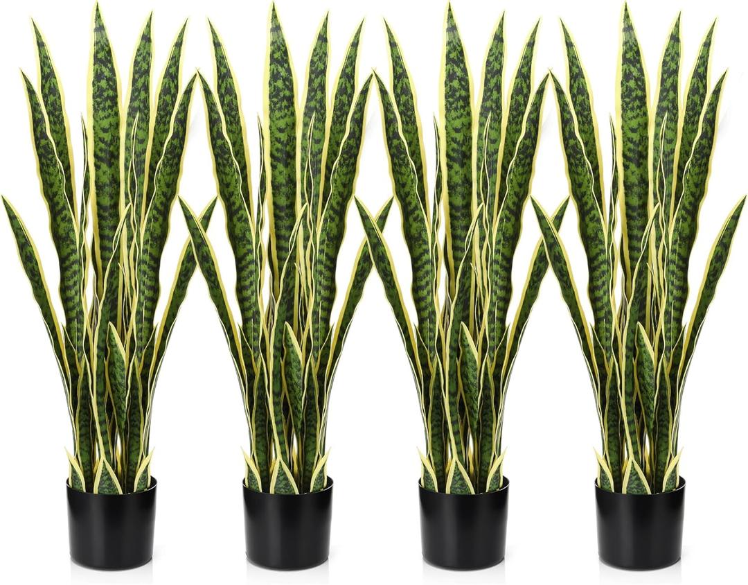 Crowye 4 Pack 3.15 Ft Tall Artificial Snake Plant Faux Sansevieria Plant Large Fake Snake Bulk in Pot for Home Office Housewarming Gift
